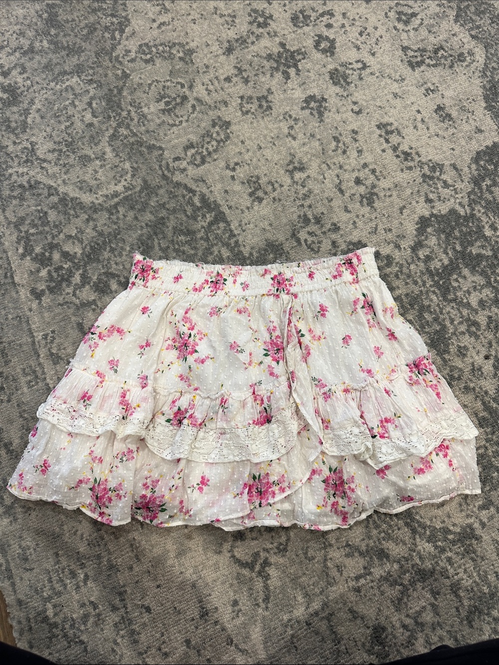 LoveShackFancy White Mini Skirt with Pink Floral Print